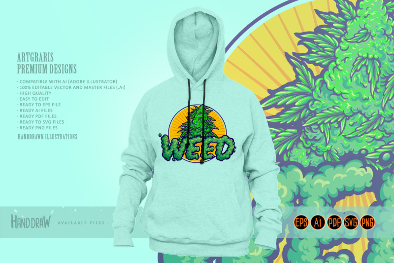 weed-smoke-word-lettering-logo-cannabis-plant-leaf-illustrations