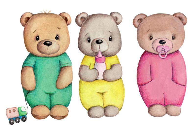 three-cute-baby-teddy-bears-watercolor-illustration