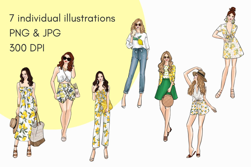 girls-in-lemon-print-light-skin-watercolor-fashion-clipart