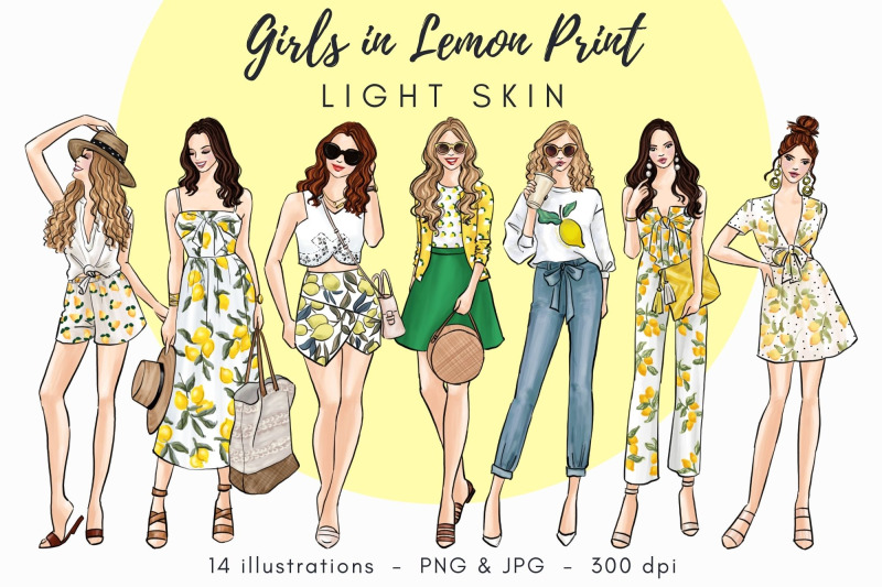 girls-in-lemon-print-light-skin-watercolor-fashion-clipart