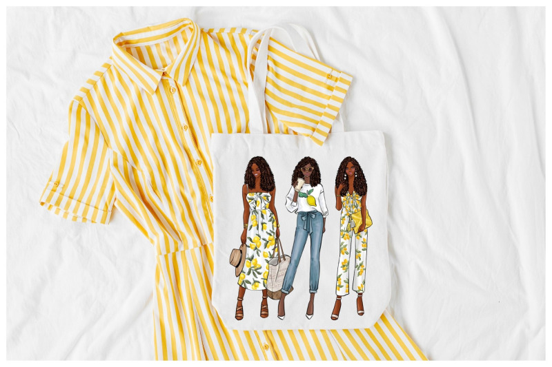 girls-in-lemon-print-dark-skin-watercolor-fashion-clipart