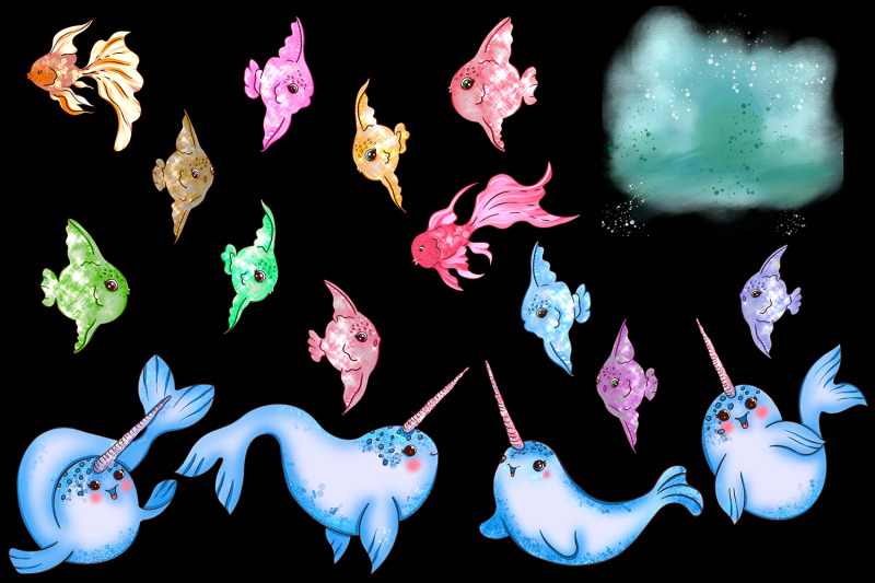 ocean-cute-sea-animals-narwhals-and-fish