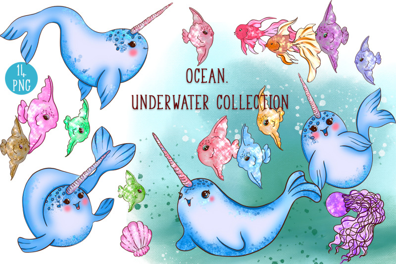 ocean-cute-sea-animals-narwhals-and-fish