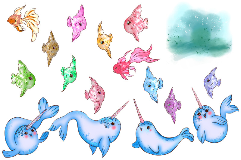 ocean-cute-sea-animals-narwhals-and-fish