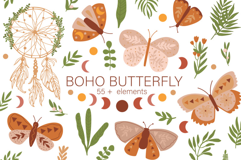 boho-clipart-boho-butterfly-modern-bohemian-illustration