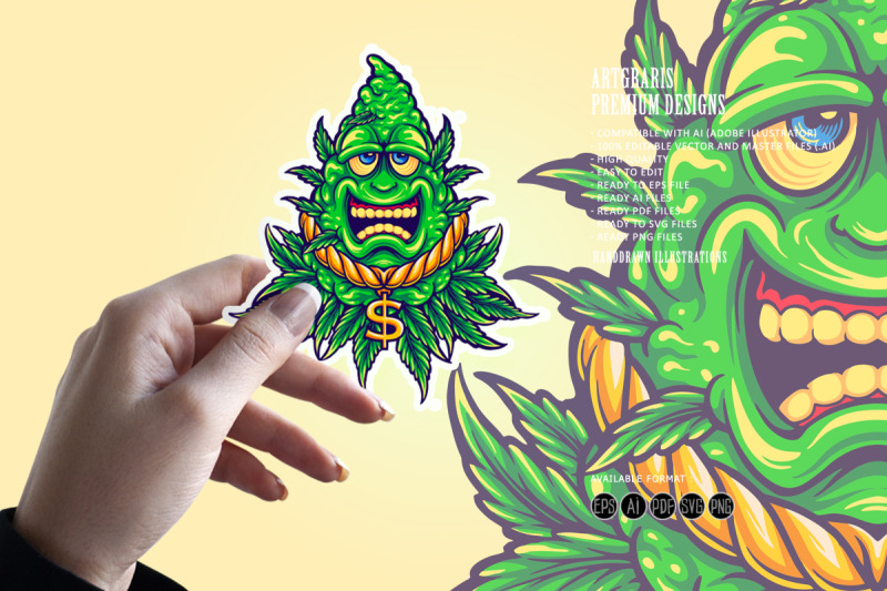 weed-leaf-mascot-cannabis-leaf-with-cash-money-svg-illustrations