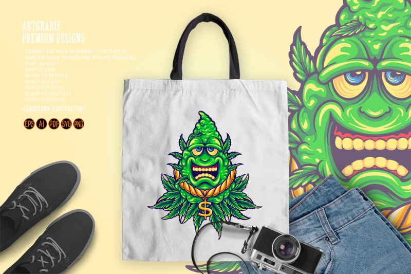 weed-leaf-mascot-cannabis-leaf-with-cash-money-svg-illustrations