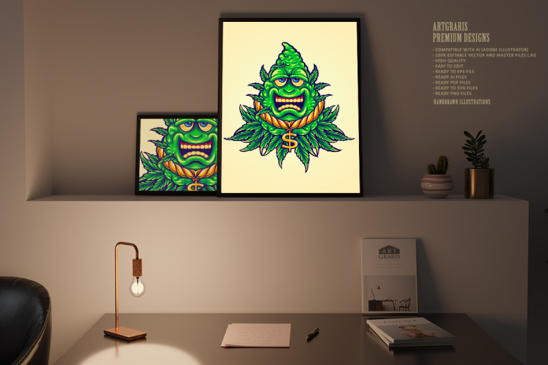 weed-leaf-mascot-cannabis-leaf-with-cash-money-svg-illustrations