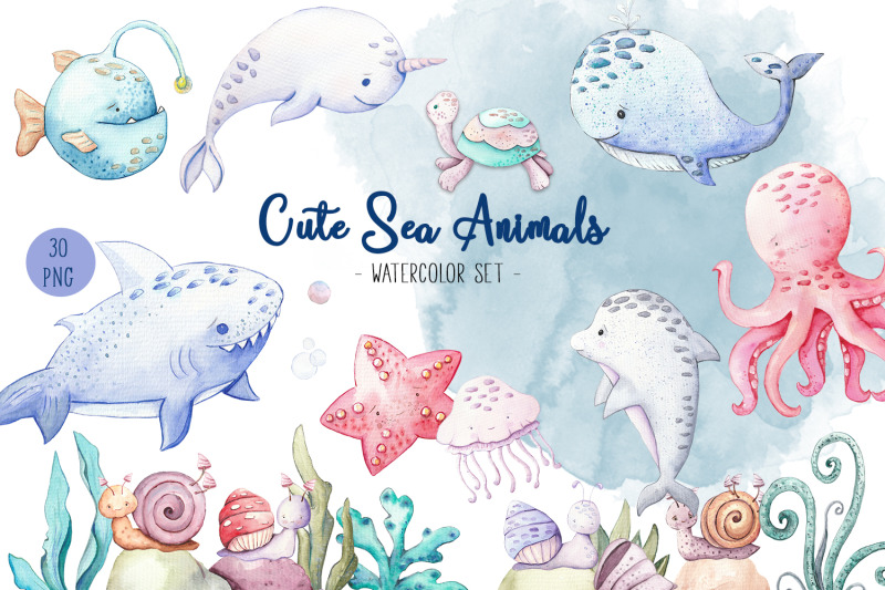 undersea-watercolor-clipart-cute-sea-animals