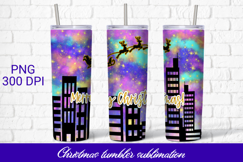 christmas-tumbler-sublimation-santa-reindeer-above-city