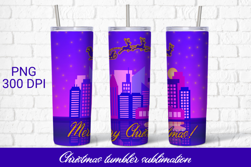 christmas-tumbler-sublimation-santa-reindeer-above-city