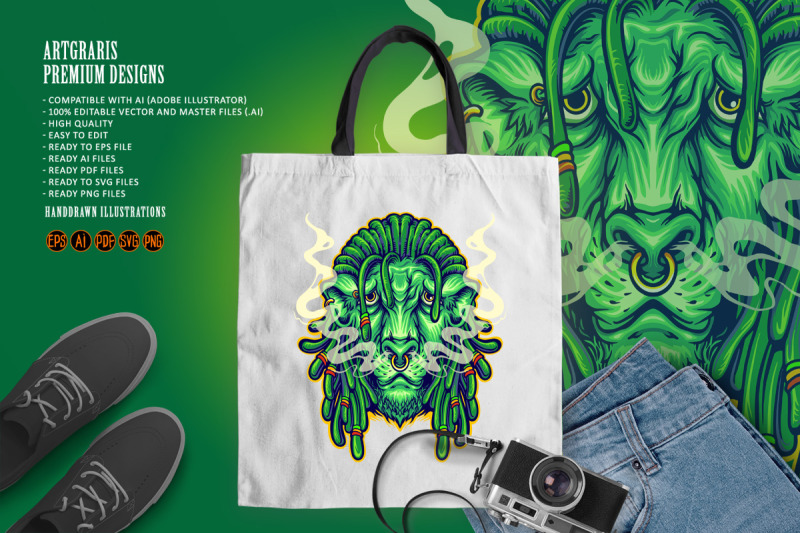 dreadlock-head-lion-mascot-with-cannabis-smoke-illustrations