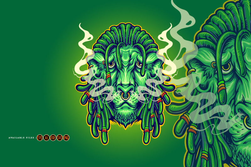 dreadlock-head-lion-mascot-with-cannabis-smoke-illustrations