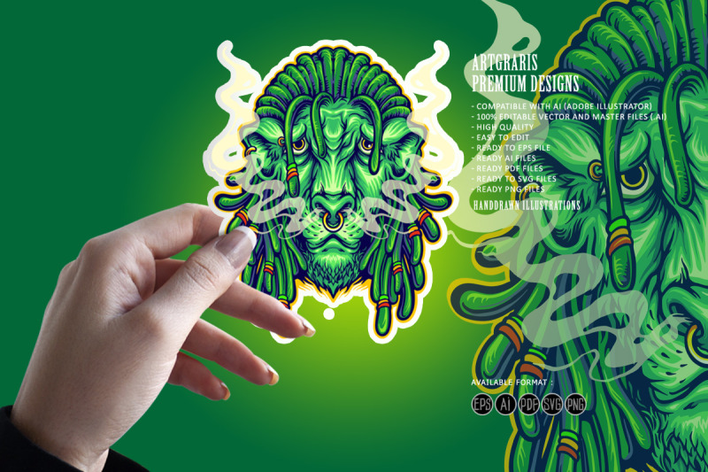 dreadlock-head-lion-mascot-with-cannabis-smoke-illustrations