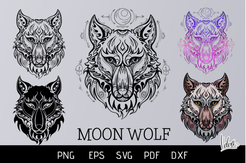 set-of-moon-wolves-heads-with-tribal-decoration