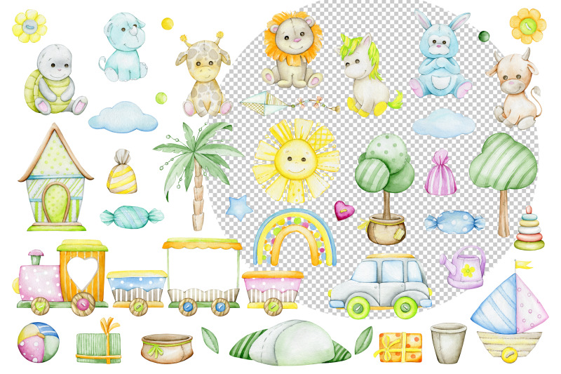 watercolor-animals-png-unicorn-lion-giraffe-sun-clouds-palm-tre
