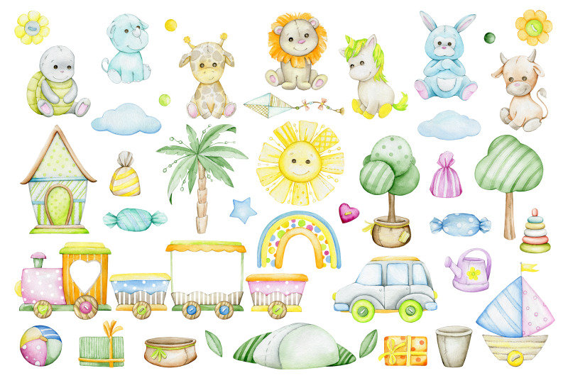 watercolor-animals-png-unicorn-lion-giraffe-sun-clouds-palm-tre