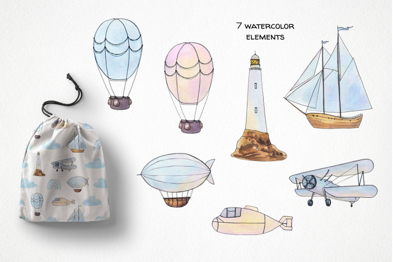watercolor-nursery-clipart-airplane-hot-air-balloon-ship-airship
