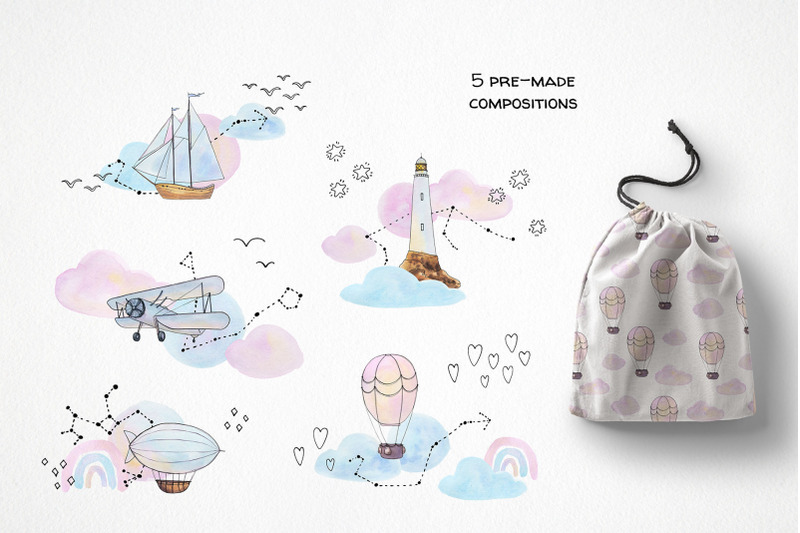 watercolor-nursery-clipart-airplane-hot-air-balloon-ship-airship