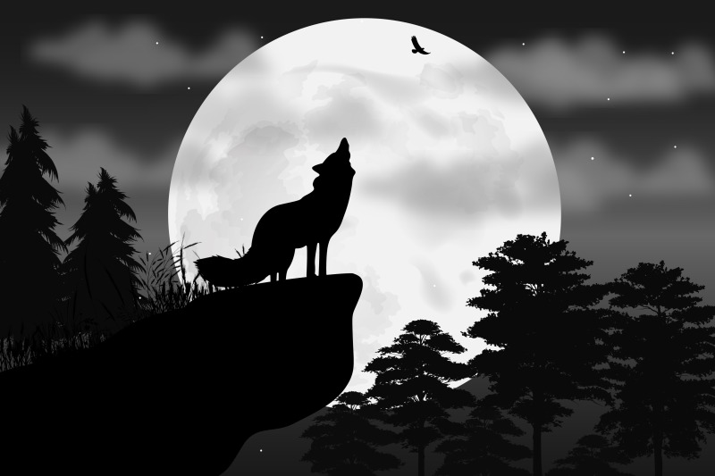 cute wolf and moon silhouette By CurutDesign | TheHungryJPEG