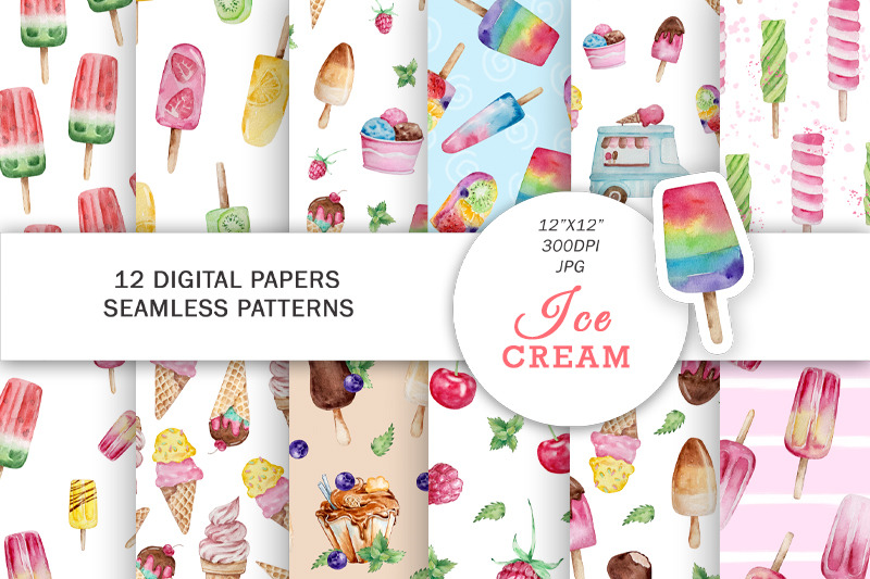 ice-cream-watercolor-digital-paper