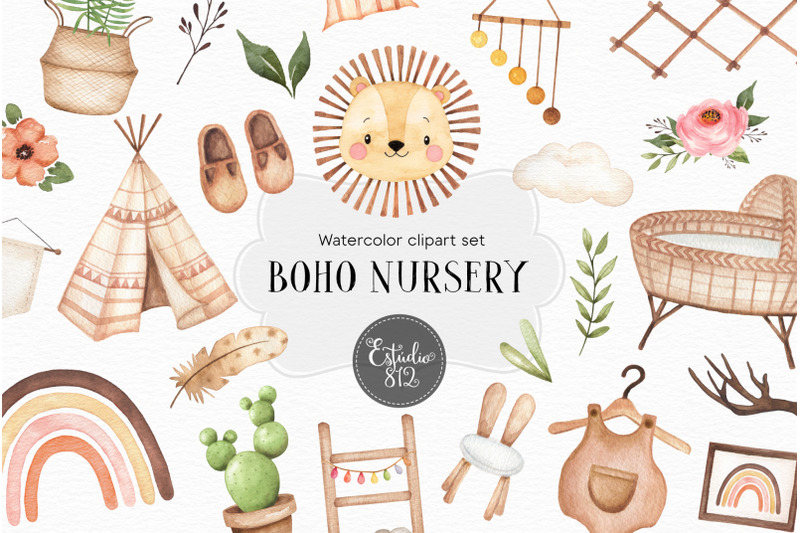 boho-nursery-clipart-watercolor-digital-download-boho-decor