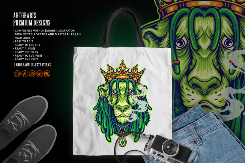 king-lion-gold-crown-green-weed-smoke-cartoon-illustrations