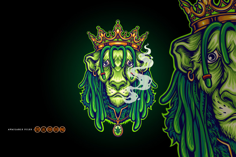 king-lion-gold-crown-green-weed-smoke-cartoon-illustrations