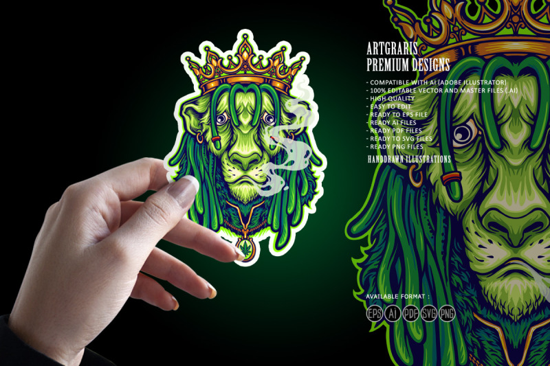 king-lion-gold-crown-green-weed-smoke-cartoon-illustrations