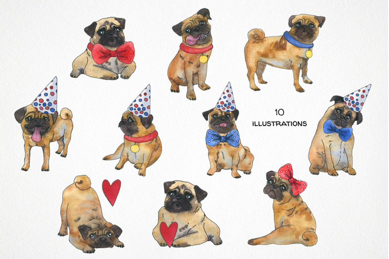 dog-birthday-party-watercolor-clipart-pug-digital-paper-clip-art