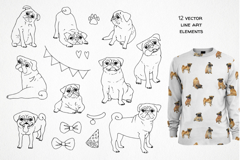dog-birthday-party-watercolor-clipart-pug-digital-paper-clip-art