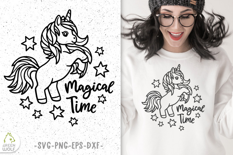magical-time-svg-file-for-cricut-unicorn-black-and-white-shirt-desig