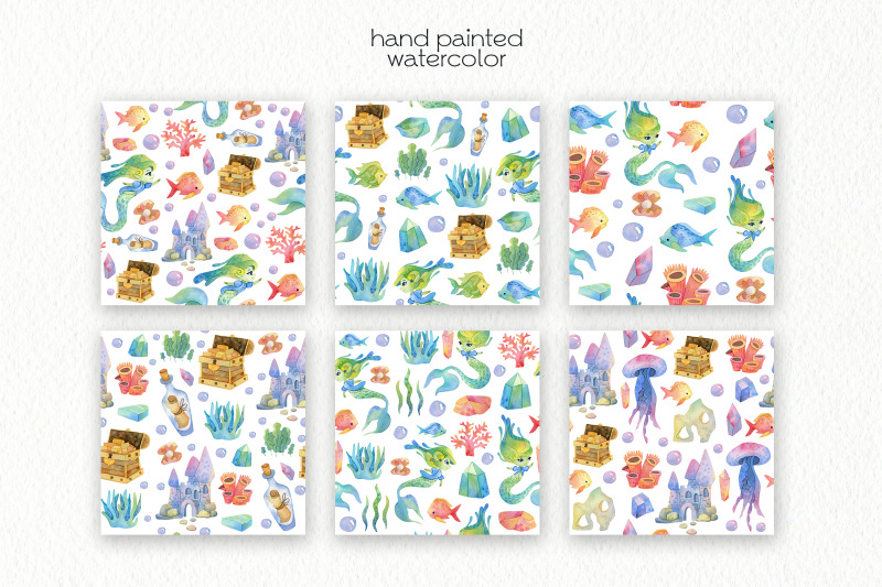 watercolor-cute-mermaids-seamless-patterns