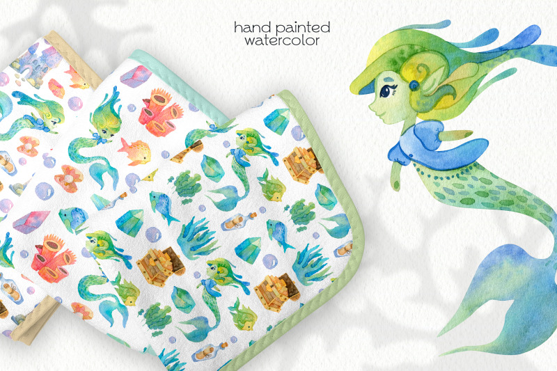 watercolor-cute-mermaids-seamless-patterns