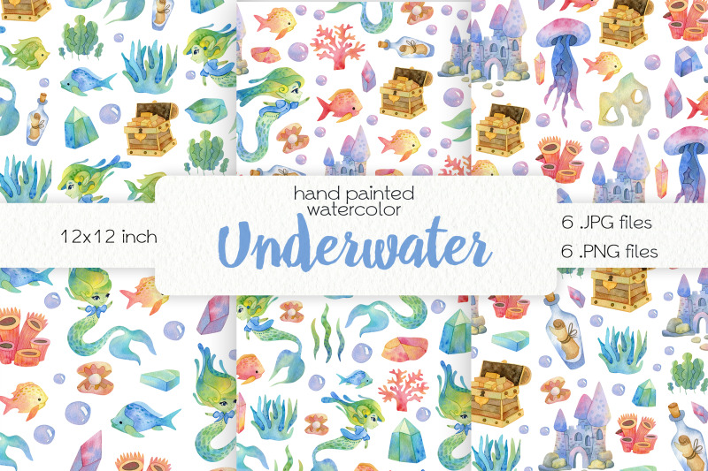 watercolor-cute-mermaids-seamless-patterns