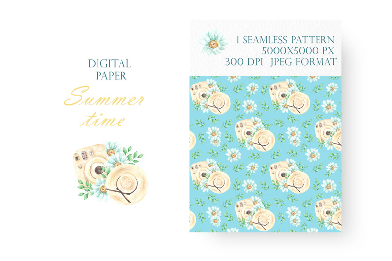 summer-time-watercolor-digital-paper-seamless-pattern-yellow-camera