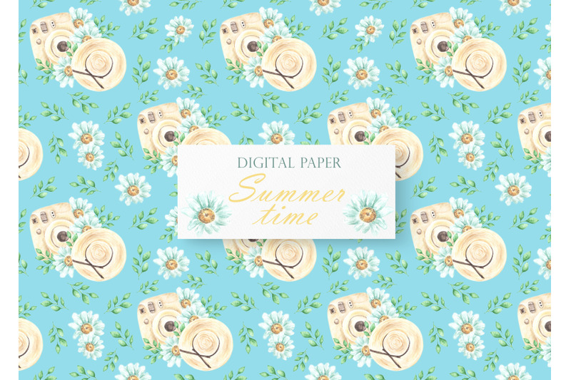 summer-time-watercolor-digital-paper-seamless-pattern-yellow-camera