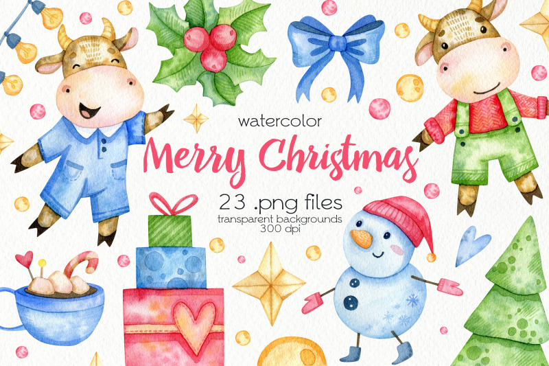 watercolor-christmas-bulls-clipart-png-files