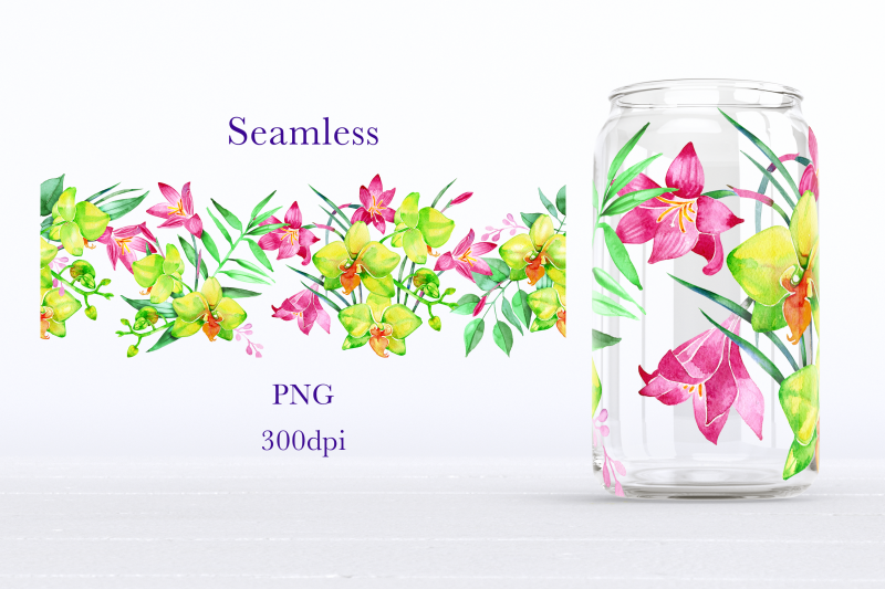 tropical-flower-libbey-glass-can-wrap-png-sublimation-design