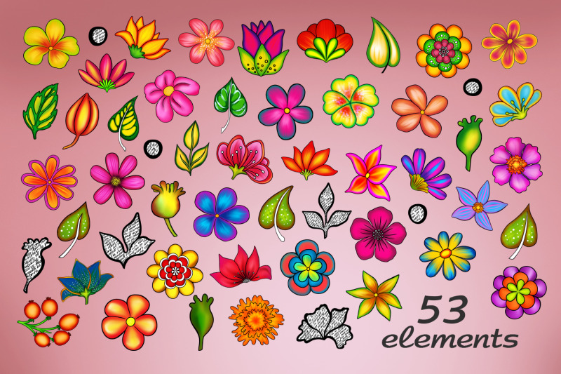 doodle-flowers-seamless-patterns-and-elements