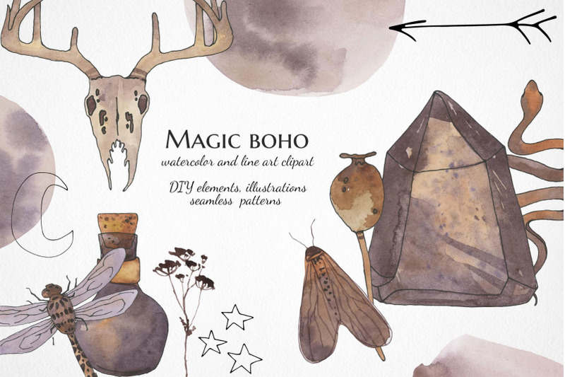 practical-magic-clipart-watercolor-boho-mythical-witchy-clipart