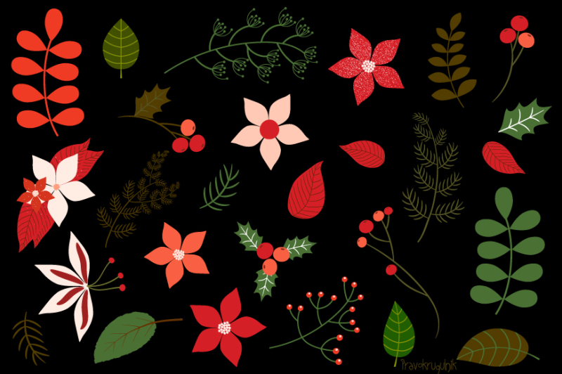 christmas-foliage-clipart-set-christmas-flowers-clip-art-floral-christmas-set-leaves-twigs