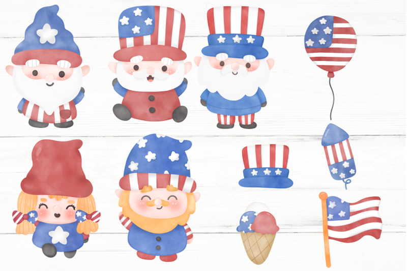 independence-day-gnome-4th-july-watercolor-clipart-kawaii