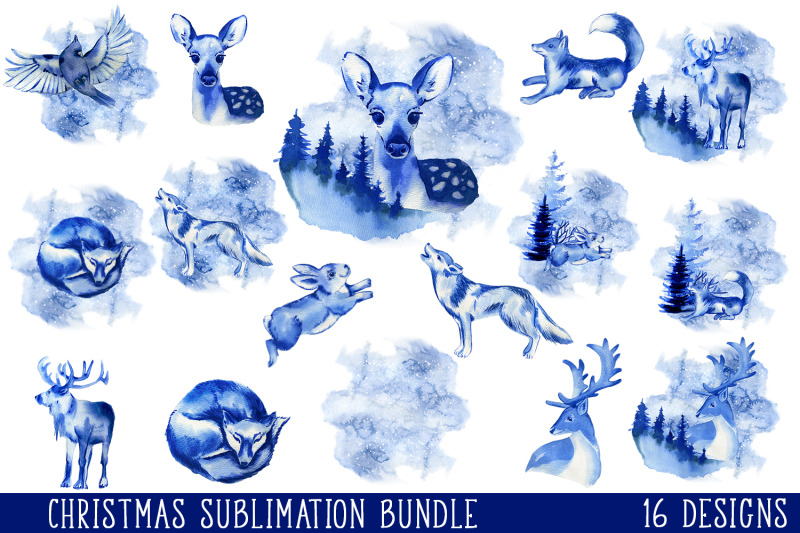 blue-christmas-winter-forest-sublimation-bundle-png