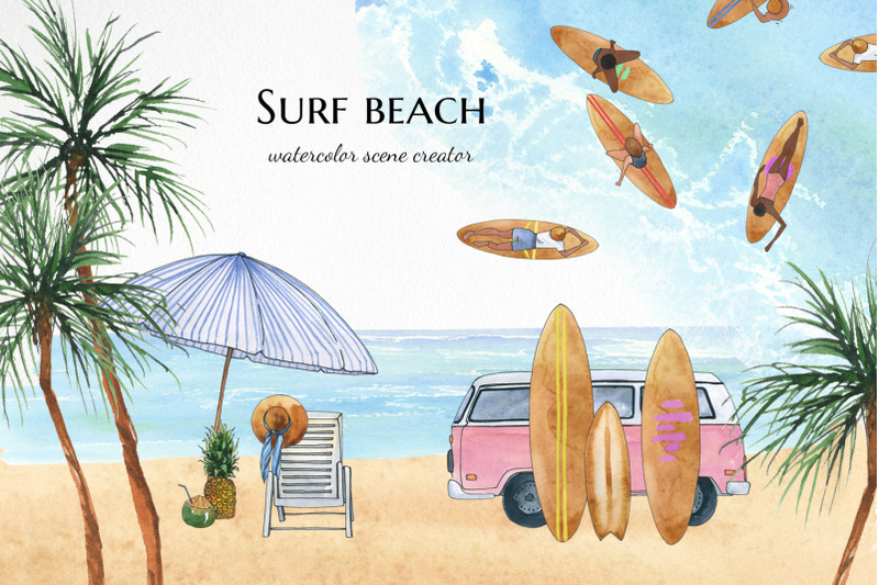 watercolor-beach-clipart-surf-travel-clip-art-summer-trip-palm-tree