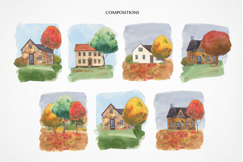 cottagecore-fall-clipart-watercolor-country-house-png-farm-landscape