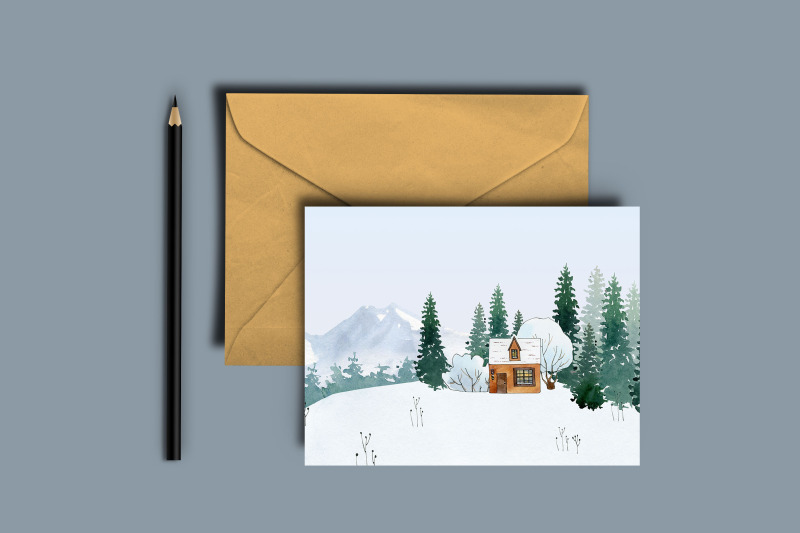 winter-cottage-village-clipart-watercolor-forest-house-animal-people