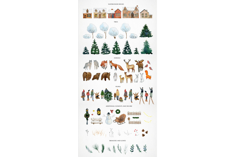 winter-cottage-village-clipart-watercolor-forest-house-animal-people