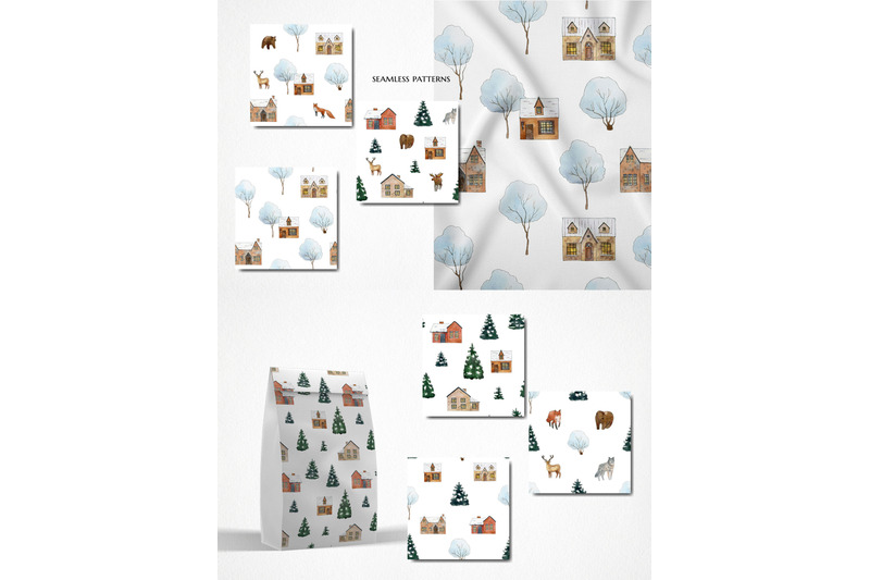 winter-cottage-village-clipart-watercolor-forest-house-animal-people