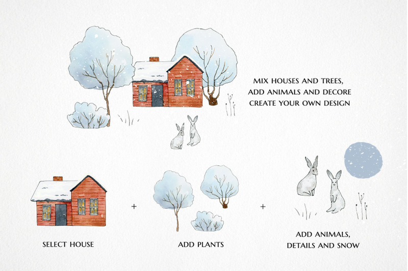 winter-cottage-village-clipart-watercolor-forest-house-animal-people